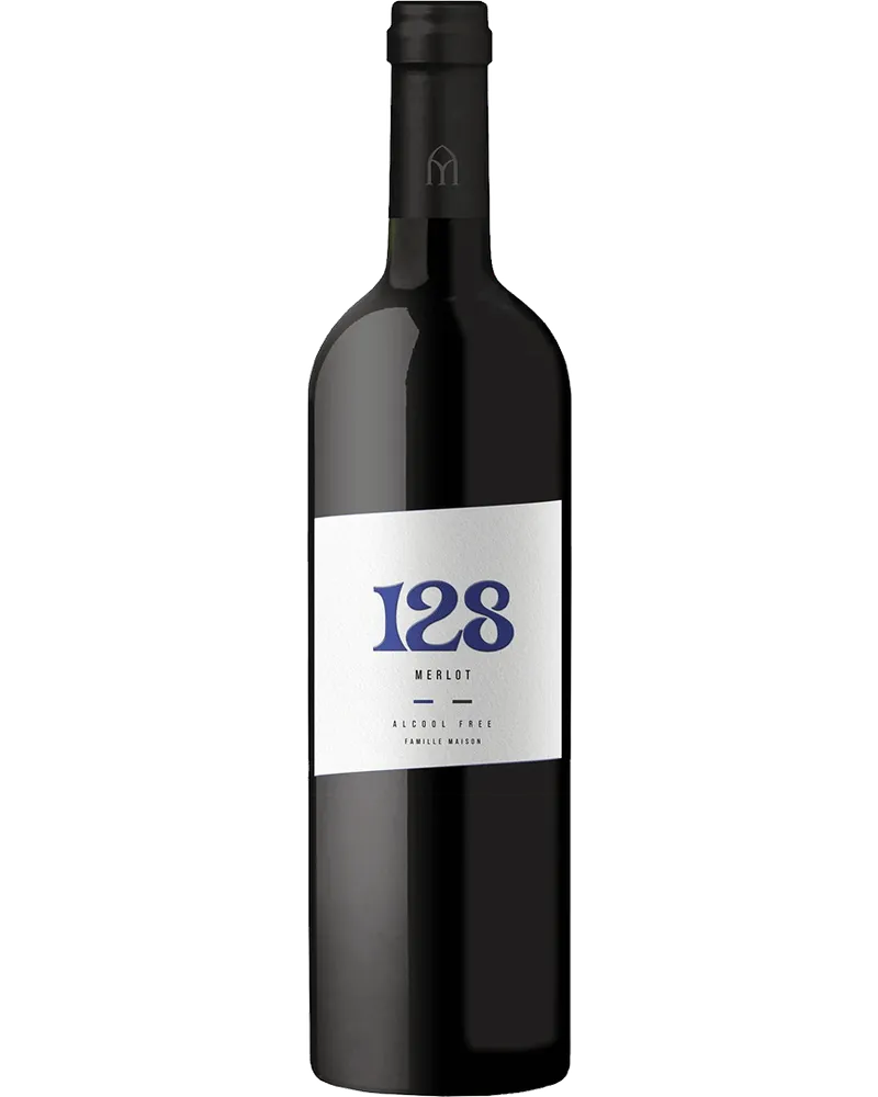 128 Merlot non-alcoholic Red wine bottle